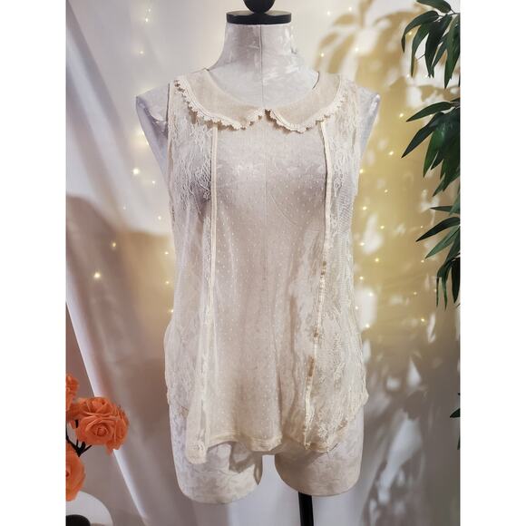Vtg Arizona Sheer Lace Peter Pan Collar Sleeveless Top Size L Cream Coquette Y2K - Picture 1 of 11